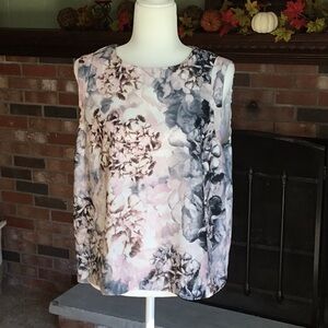 Floral pink and gray sleeveless blouse